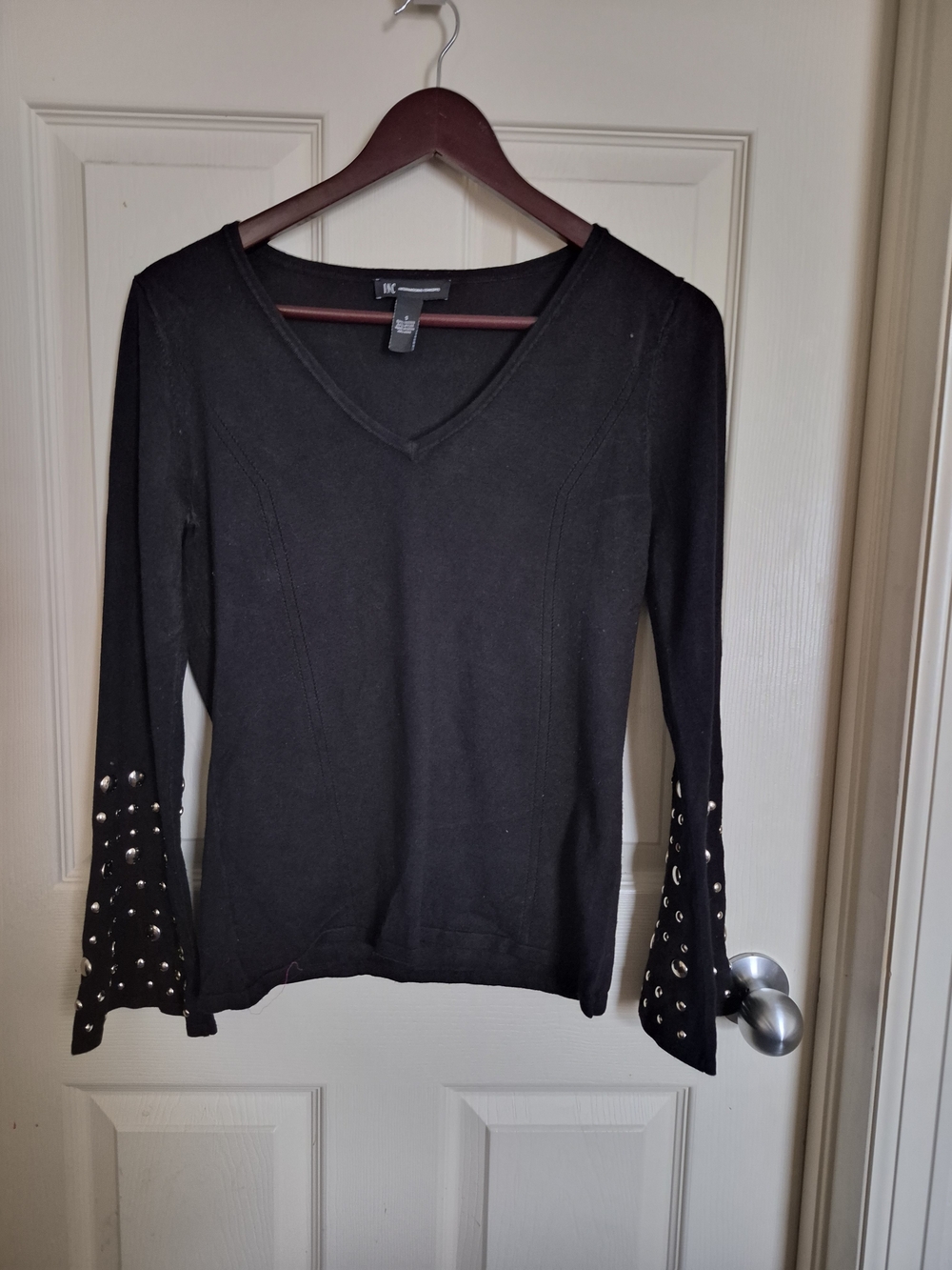 Size Sm INC International Concepts Black V-Neck Top with Grommet Bell Sleeves